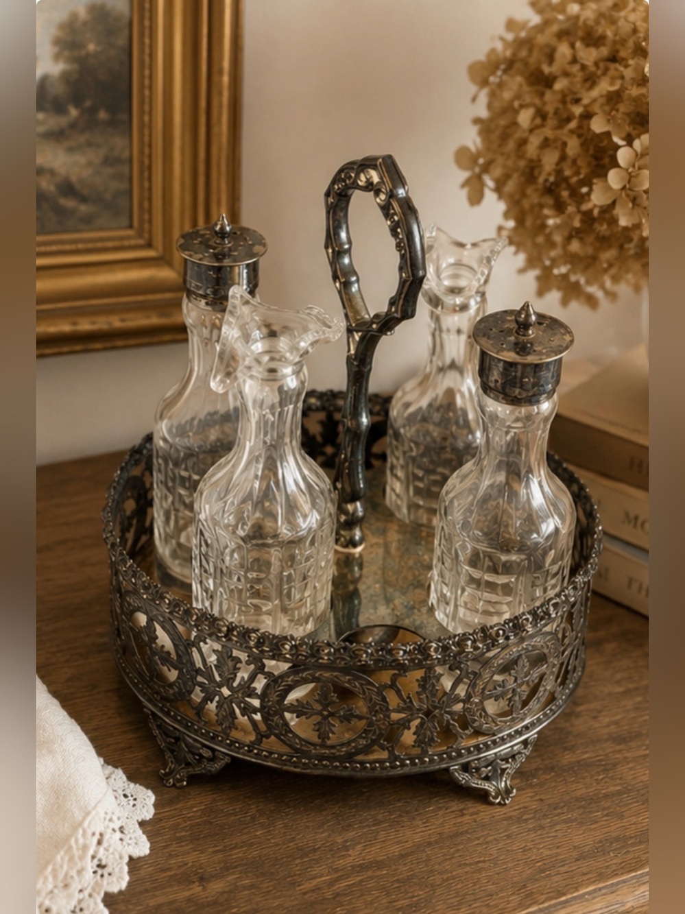 Vintage Ornate Cruet Set 4 Glass Bottles Metal Caddy Victorian Table Decor